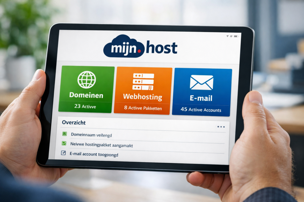 Close-up van handen die een tablet vasthouden met het mijn.host dashboard waarop gekleurde tegels voor Domeinen, Webhosting en E-mail zichtbaar zijn in een moderne kantooromgeving.