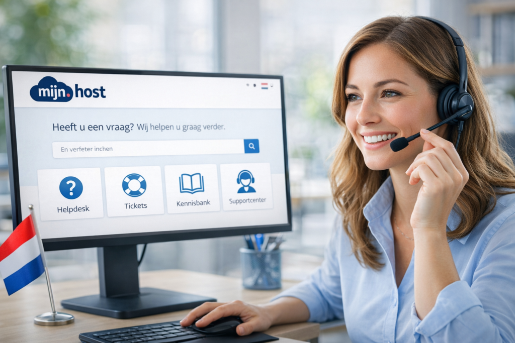 Vriendelijke vrouwelijke klantenservice medewerker met headset glimlacht naar haar monitor met het mijn.host supportportaal, terwijl een kleine Nederlandse vlag op het bureau staat in een lichte kantooromgeving.