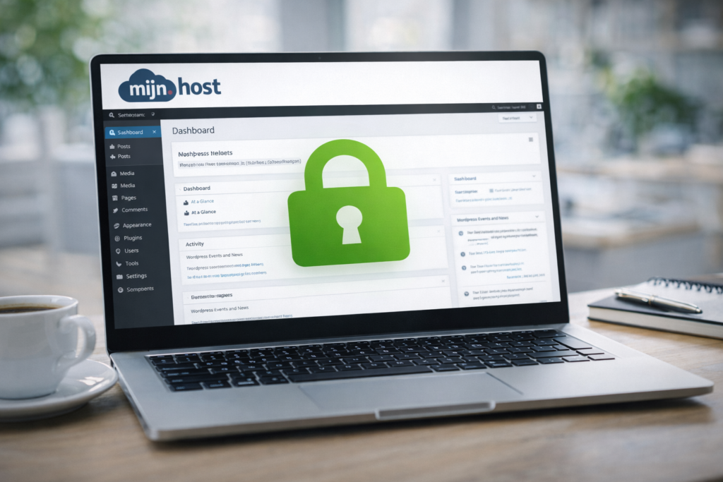 Moderne laptop op een houten bureau met een WordPress dashboard en een grote groene padlock-icoon voor beveiliging, inclusief het mijn.host logo bovenaan het scherm.