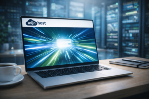 Open laptop op een strak bureau toont een website die razendsnel laadt met blauwe en groene lichtstrepen, met het mijn.host logo bovenaan en wazige serverracks op de achtergrond.