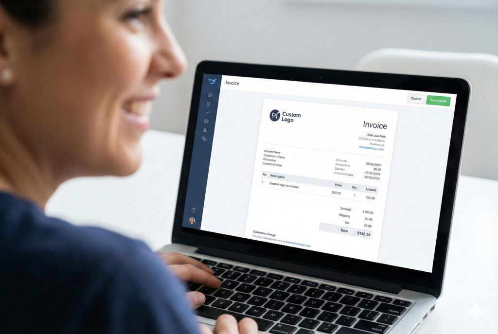 Een ondernemer bekijkt een professionele, zelfontworpen factuur op een laptop in de Moneybird software.