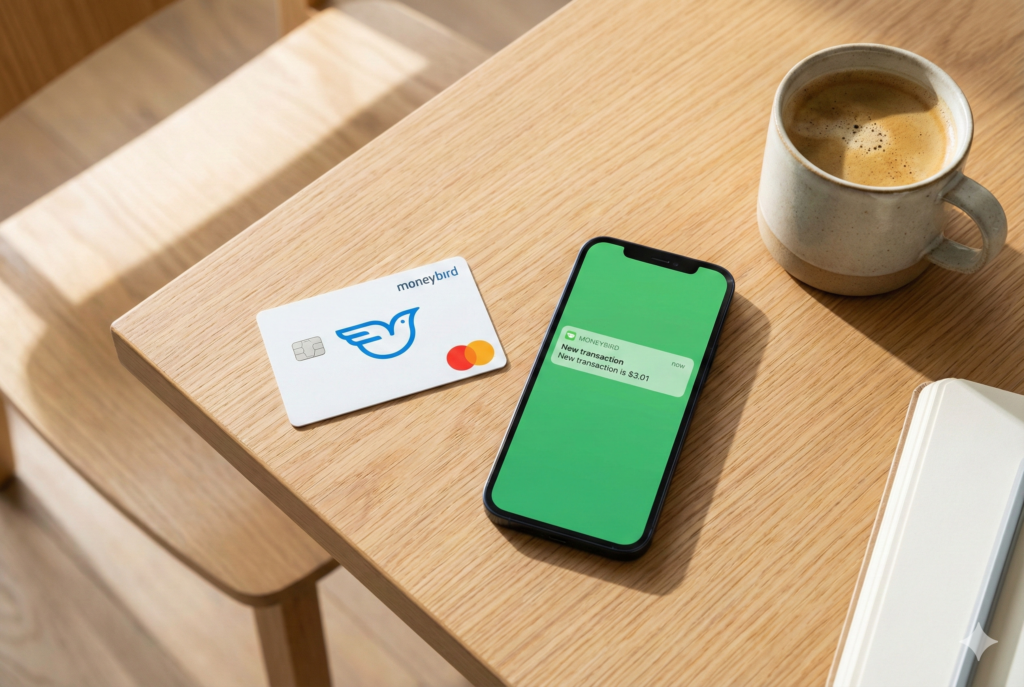 De Moneybird betaalpas ligt op een bureau naast een smartphone die een directe transactiemelding toont.