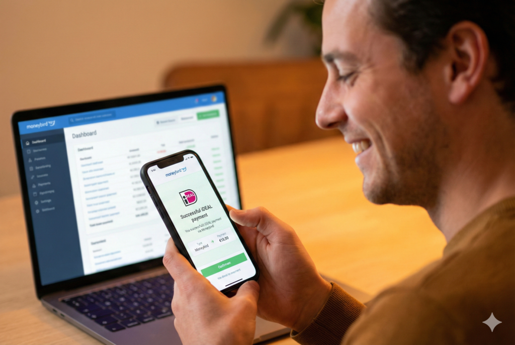 Een tevreden ondernemer ziet een succesvolle iDEAL-betaling op zijn smartphone, die is gekoppeld aan de Moneybird boekhouding op zijn laptop.