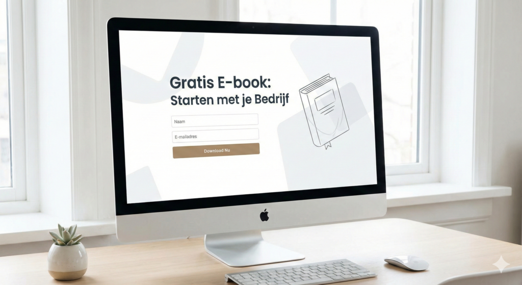 Voorbeeld van een simpele MailerLite landingspagina voor een gratis e-book over het starten van een bedrijf, inclusief inschrijfformulier.