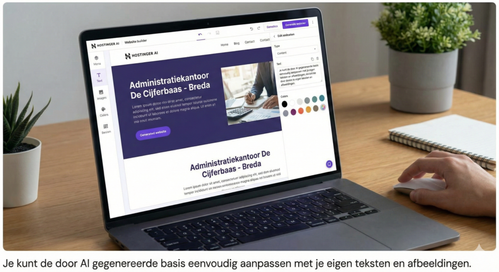Een door Hostinger AI gegenereerde website voor een ondernemer, klaar om te bewerken in het gebruiksvriendelijke dashboard.