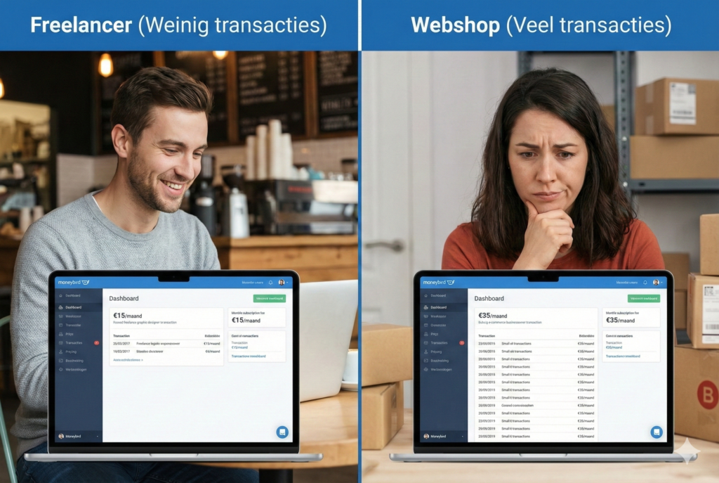 Een split-screen vergelijking toont een blije freelancer met een goedkoop Moneybird abonnement (links) en een gestresste webshopeigenaar met een duurder abonnement door veel transacties (rechts).