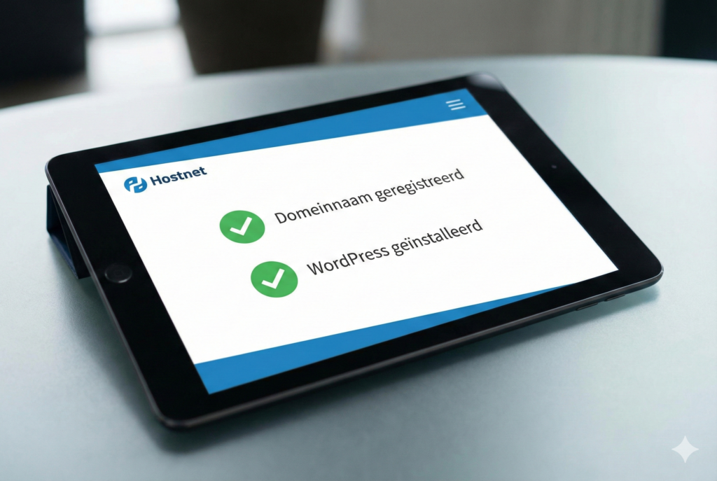 Een tablet toont een overzichtelijk Hostnet dashboard met groene vinkjes die bevestigen dat een domeinnaam en WordPress succesvol zijn geïnstalleerd, wat het gebruiksgemak voor starters benadrukt.