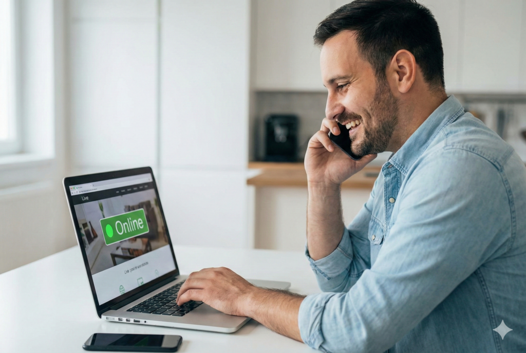 Een split-screen vergelijking. Links een tevreden Hostnet-klant die telefonisch zijn probleem oplost. Rechts een gefrustreerde gebruiker van een budget-hoster die vastzit in een lange, Engelstalige chat-wachtrij.