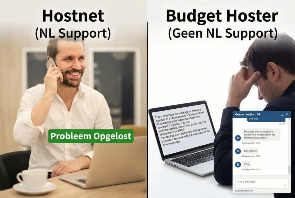 Een split-screen vergelijking. Links een tevreden Hostnet-klant die telefonisch zijn probleem oplost. Rechts een gefrustreerde gebruiker van een budget-hoster die vastzit in een lange, Engelstalige chat-wachtrij.