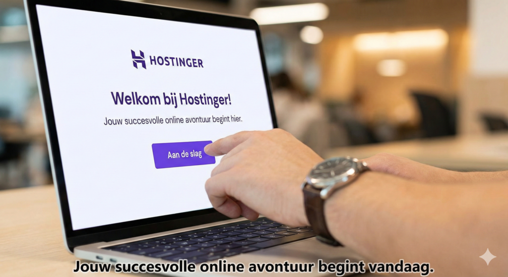 Close-up van een ondernemer die op de 'Aan de slag' knop klikt op het welkomstscherm van Hostinger op een laptop in een modern kantoor.