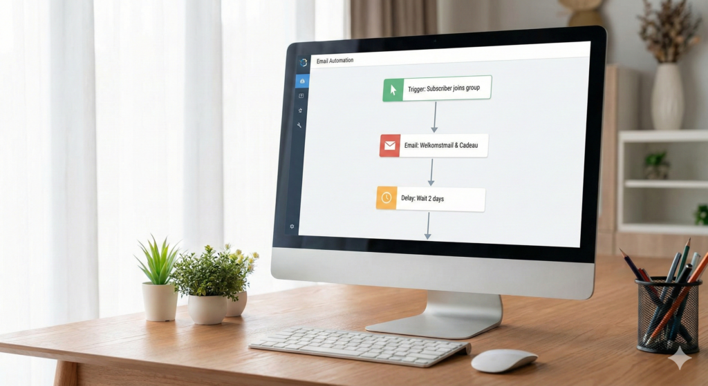 Visueel stroomschema van een e-mail automatisering workflow op een computerscherm, tonend hoe een automatische welkomstmail werkt.
