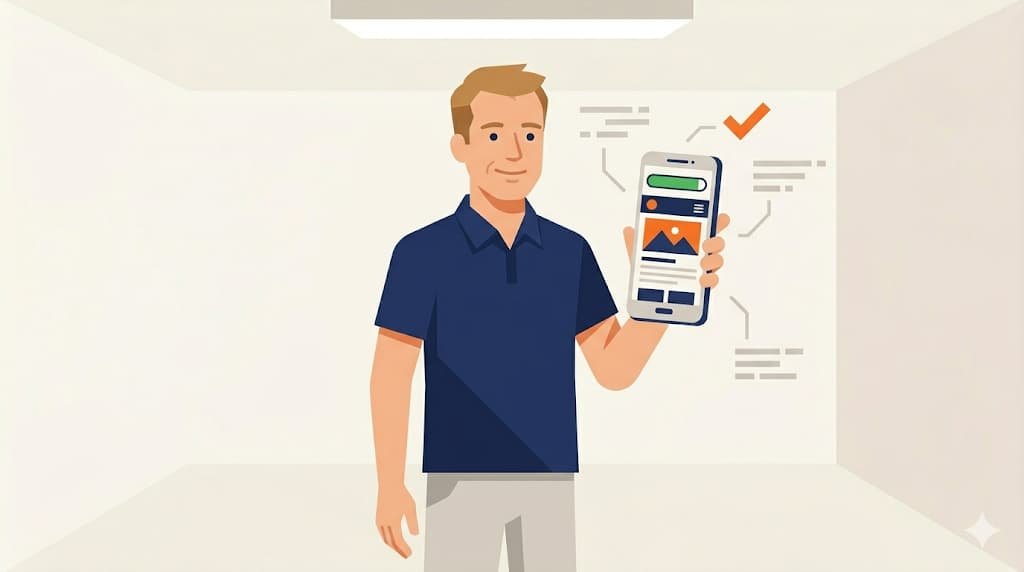 Ondernemer bekijkt snel ladende website op smartphone