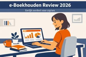 e-Boekhouden review 2026 voor zzp-ers op laptop op kantoor aan huis