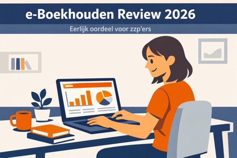 e-Boekhouden review 2026 voor zzp-ers op laptop op kantoor aan huis