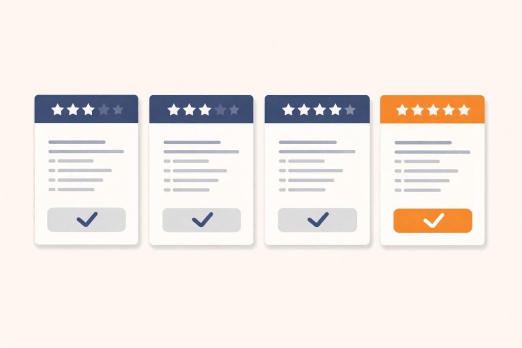 Vergelijkingstabel boekhoudprogrammas op desktop met oranje accenten