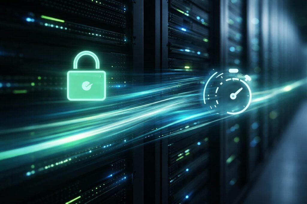 Conceptuele weergave van snelle servertechnologie met een groen SSL-hangslotje.