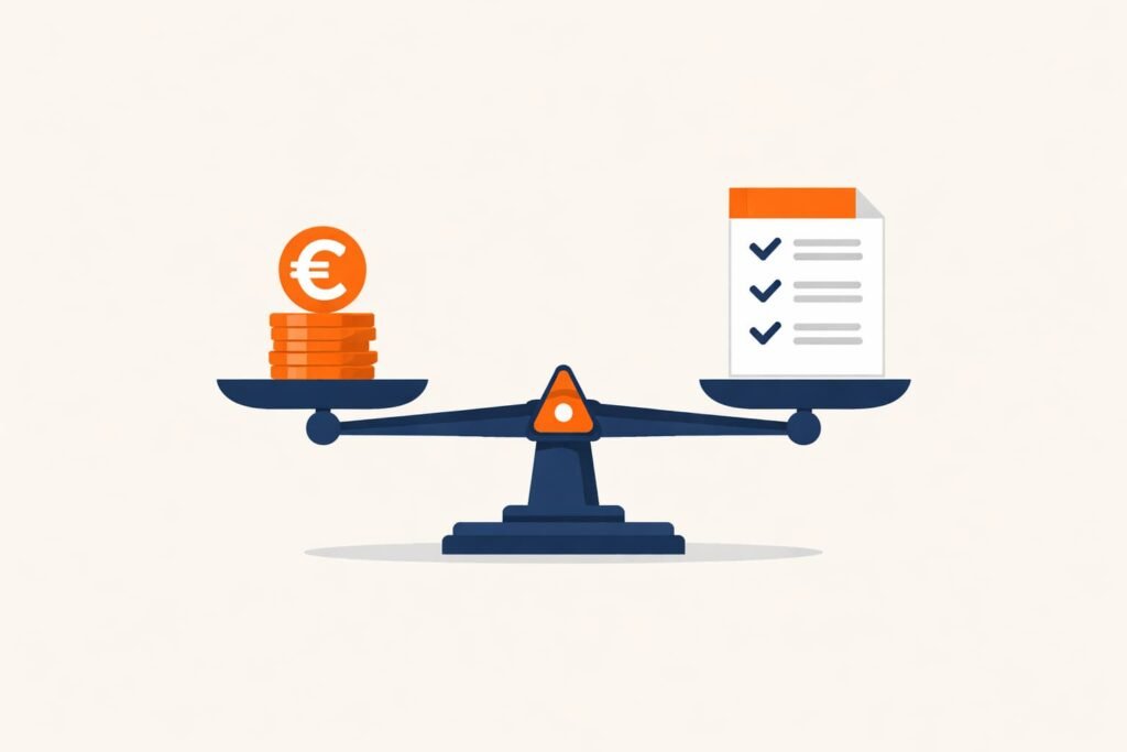 Weegschaal met kosten versus functies van een boekhoudprogramma