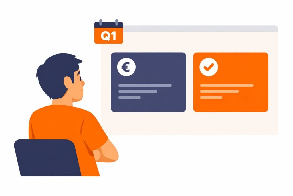 Illustratie van een zzp'er die btw-aangifte doet met een financieel overzicht