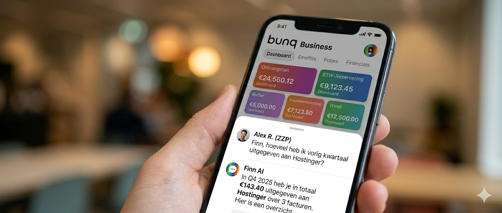 Close-up van de bunq app interface op een smartphone, met een actieve chat met de Finn AI-assistent over zakelijke uitgaven