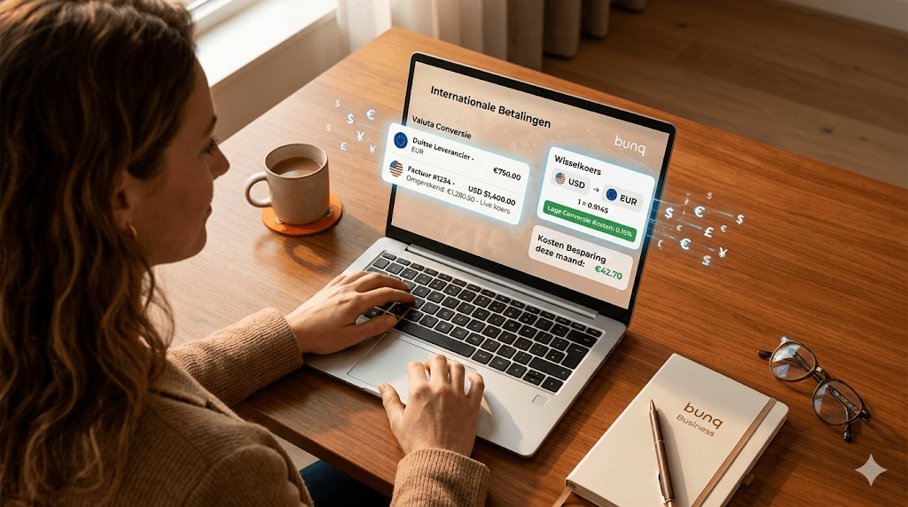 Een onderneemster werkt op haar laptop, die een transparant overzicht toont van internationale betalingen en lage valutaconversie-kosten in de bunq app.