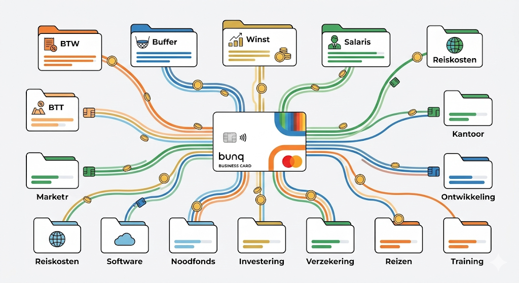 Een minimalistische illustratie van een bunq bankpas die automatisch geld verdeelt over zakelijke potjes voor btw, buffers en winst