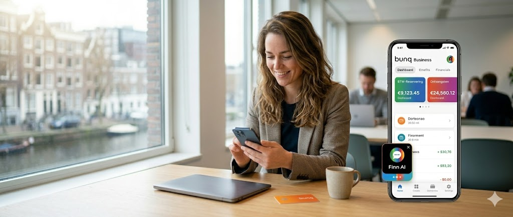 Een glimlachende Nederlandse onderneemster gebruikt de bunq app op haar smartphone in een lichte co-working space in Amsterdam.