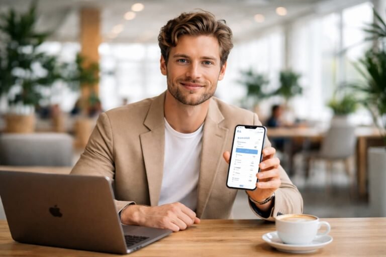 Een moderne ondernemer die zijn zakelijke bankzaken regelt via de Knab app in een kantooromgeving