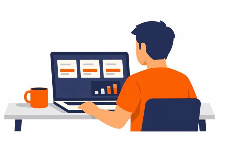 Illustratie van een zzp'er die online boekhouding doet op laptop