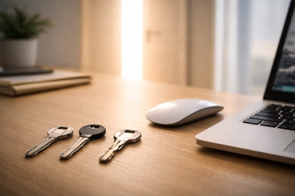 Drie symbolische sleutels die staan voor de keuze tussen hostingproviders om je website live te zetten.