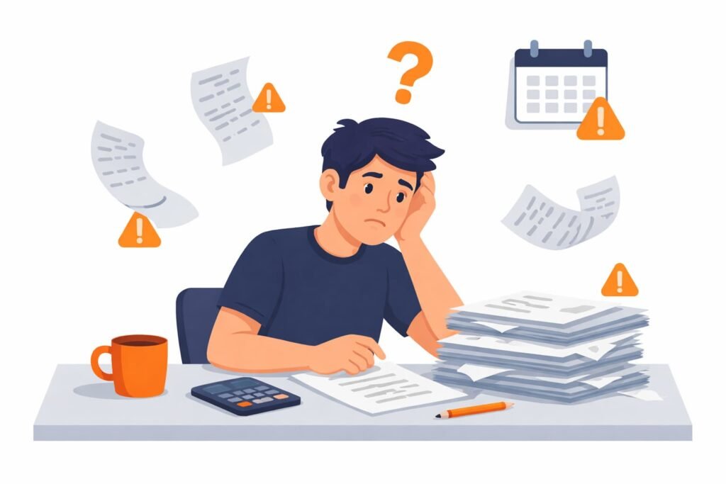 Illustratie van een zzp'er met een rommelige stapel bonnetjes en papieren