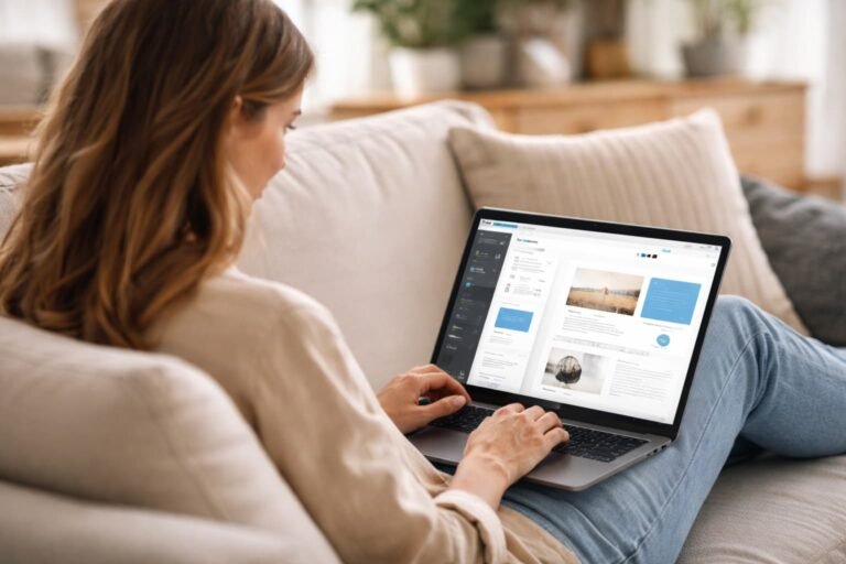 Ontspannen zzp'er op de bank die eenvoudig een website bouwt op haar laptop.