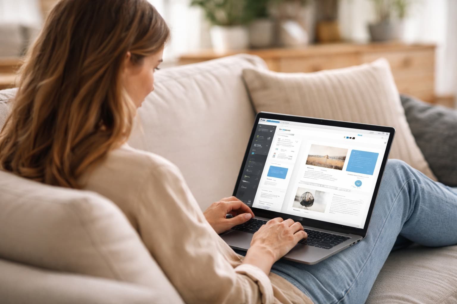 Ontspannen zzp'er op de bank die eenvoudig een website bouwt op haar laptop.