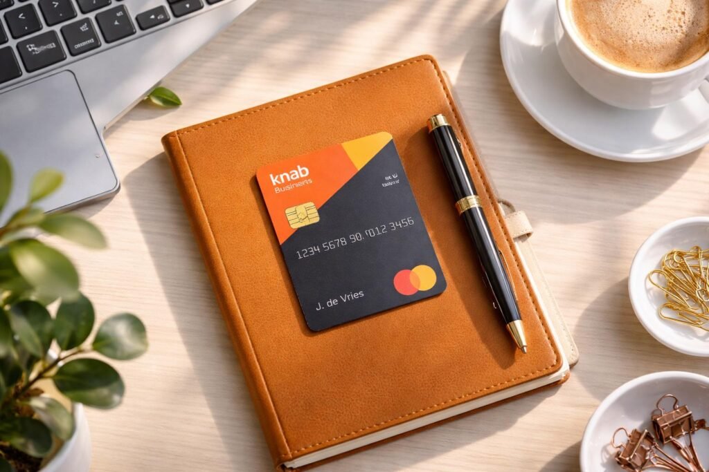 Een zakelijke bankpas op een georganiseerd bureau als symbool voor financiële controle voor zzp'ers.