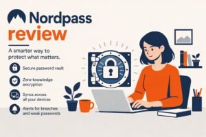 Nordpass review 2026: zzp'er beheert wachtwoorden veilig met NordPass op laptop en telefoon.