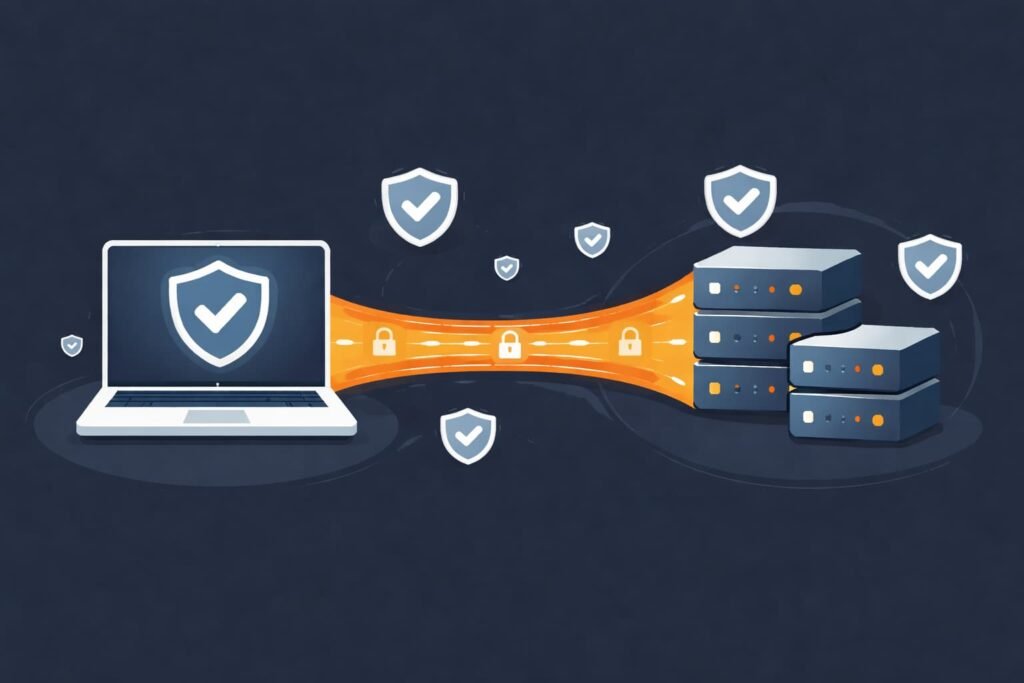 Schematische weergave VPN-tunnel met versleuteld internetverkeer