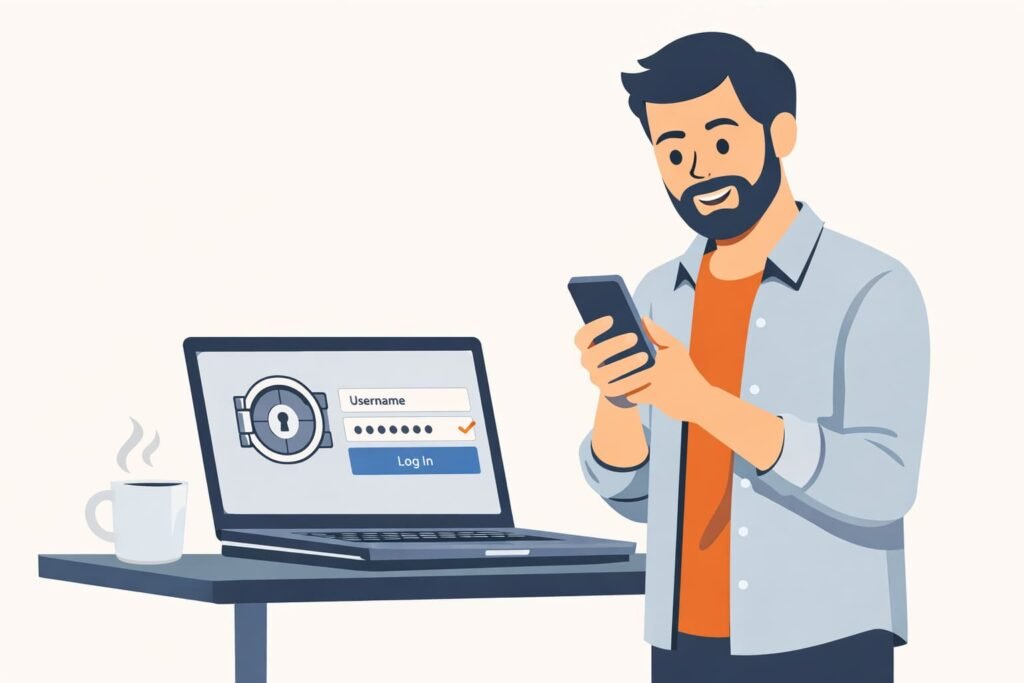 man op laptop ziet Watchtower-melding in 1Password dashboard