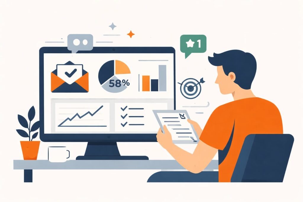 Man bekijkt analytics op monitor, zzp'er controleert open rates nieuwsbrief. 