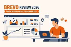 Zzp'er werkt aan laptop met e-mailmarketingdashboard, Brevo review 2026 voor Nederlandse ondernemers.