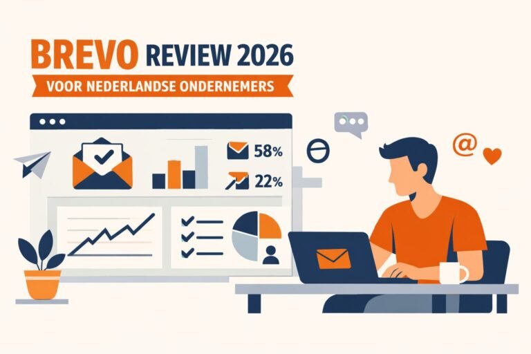 Zzp'er werkt aan laptop met e-mailmarketingdashboard, Brevo review 2026 voor Nederlandse ondernemers.
