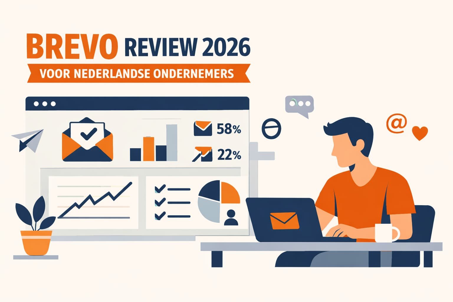Zzp'er werkt aan laptop met e-mailmarketingdashboard, Brevo review 2026 voor Nederlandse ondernemers.