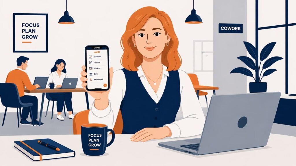 Vrouwelijke freelancer gebruikt Jortt app onderweg voor btw-aangifte