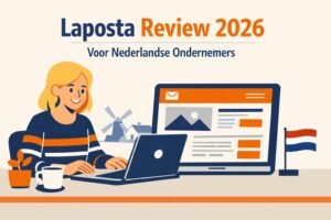 Laposta review 2026 voor zzp'ers - vrouw werkt op laptop met Nederlandstalige nieuwsbrief op scherm