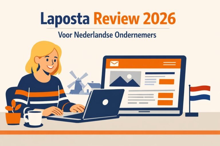 Laposta review 2026 voor zzp'ers - vrouw werkt op laptop met Nederlandstalige nieuwsbrief op scherm