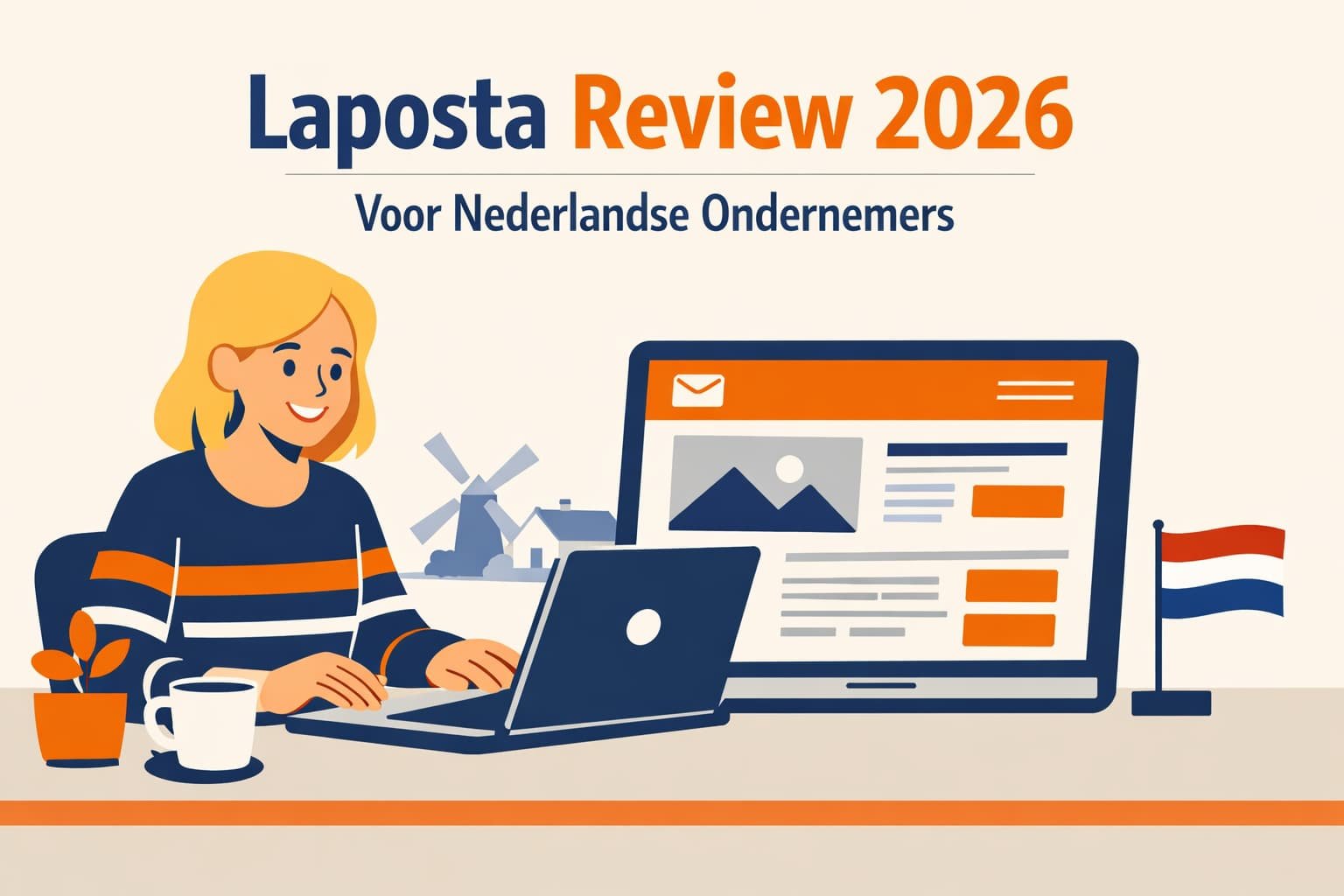 Laposta review 2026 voor zzp'ers - vrouw werkt op laptop met Nederlandstalige nieuwsbrief op scherm