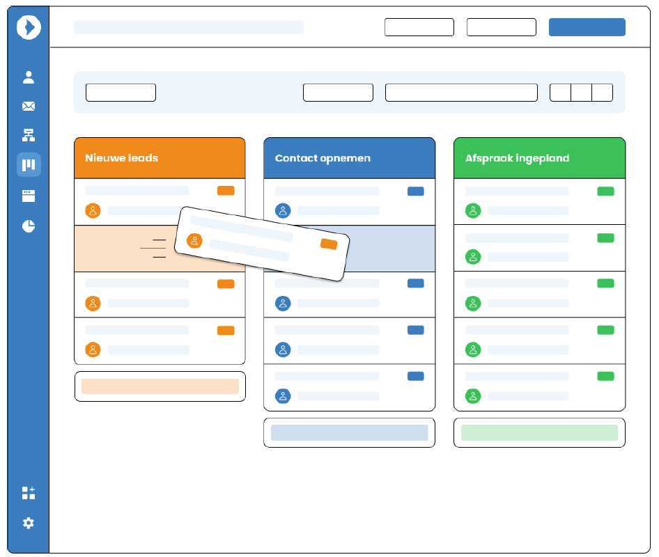 MailBlue CRM dashboard met leads per fase van nieuwe lead tot afspraak ingepland, voor zzp'ers.