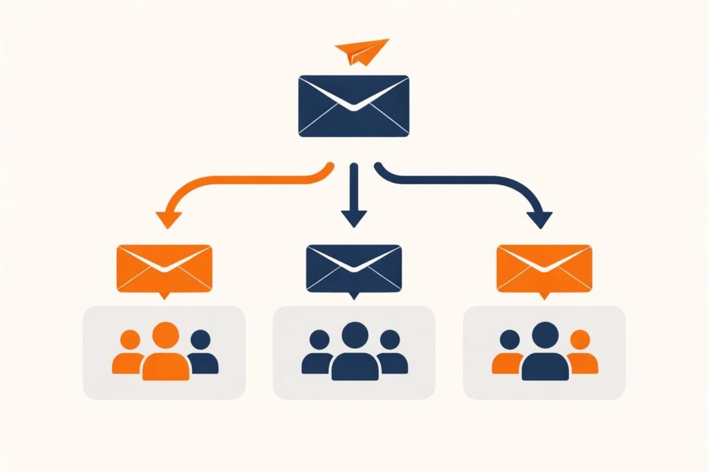 visuele uitleg van e-mailmarketing automatisering met MailBlue, enveloppen stromen naar gesegmenteerde doelgroepen.
