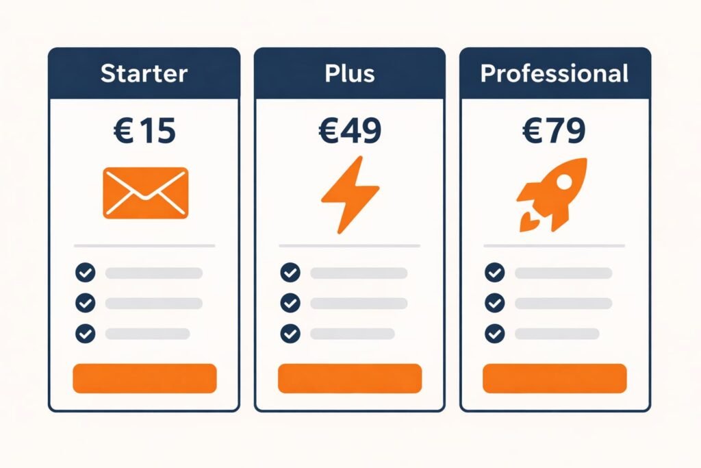 MailBlue pakketten 2026 overzicht Starter Plus Professional kosten per maand voor zzp'ers.