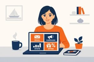 MailBlue review 2026 voor zzp'ers, vrouwelijke ondernemer werkt met e-mailmarketing en campagnes op laptop.