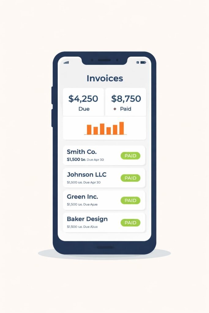 Shine boekhoudapp op smartphone met factuuroverzicht en grafiek