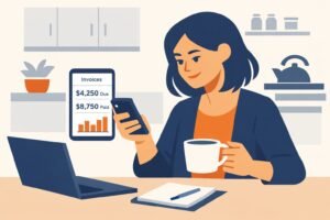 Freelancer vrouw bekijkt boekhoudapp op telefoon aan keukentafel